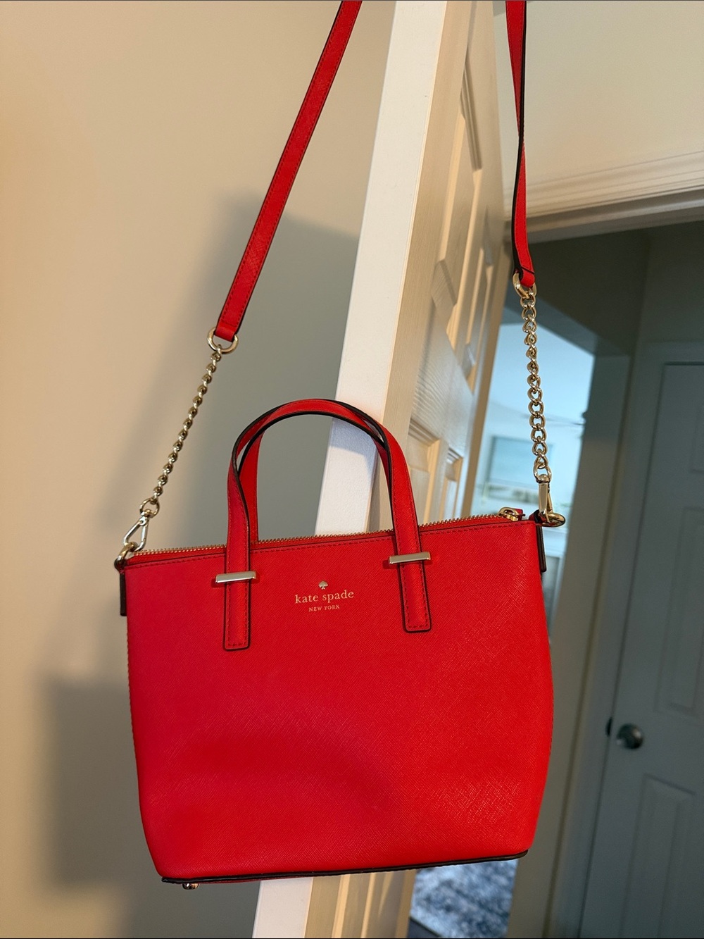 kate spade Red Leather Crossbody Satchel with Gold Chain Strap